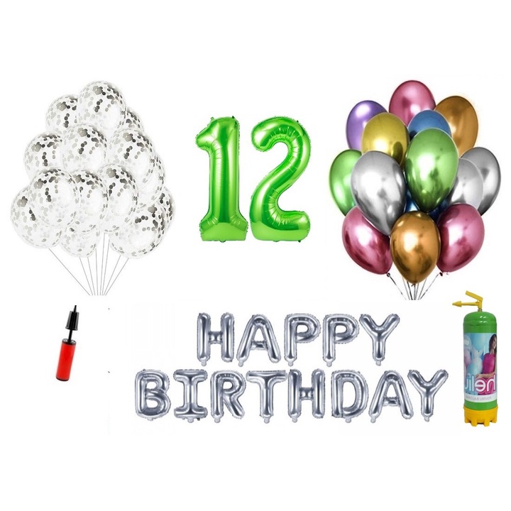 DOMI PARTY & GIFTS lufi szett, 37 elemes, Boldog születésnapot 12 éves évfordulóra, fóliafigurák 1,01 m, zöld + Hélium palack