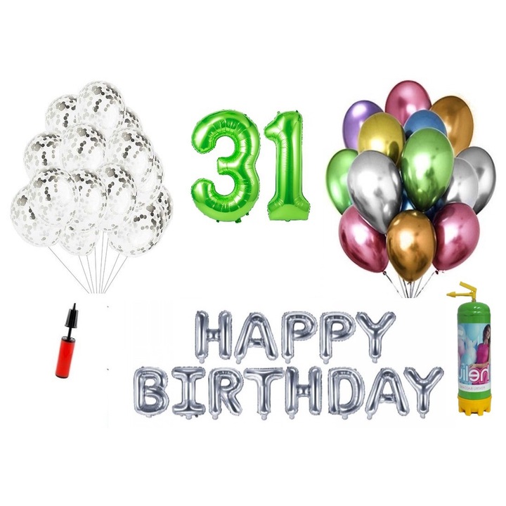 DOMI PARTY & GIFTS lufi szett, 37 elemes, Boldog születésnapot 31 éves évfordulóra, fóliaszámok 1,01 m, zöld + Hélium palack