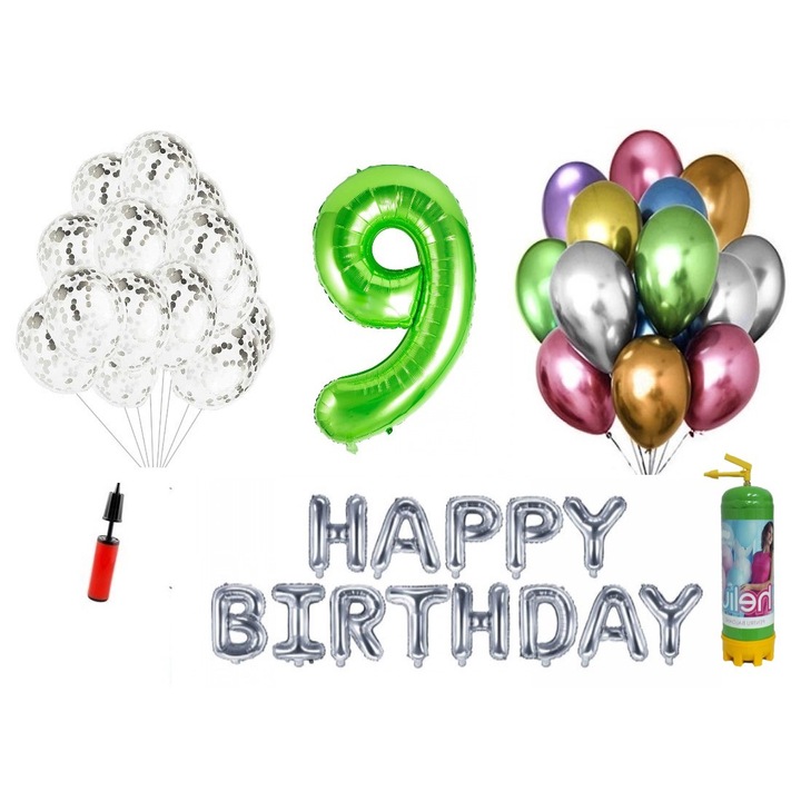 DOMI PARTY & GIFTS lufi szett, 36 elemes, Boldog születésnapot 9 éves jubileum, fóliaszám 1,01 m, zöld + Héliumos palack