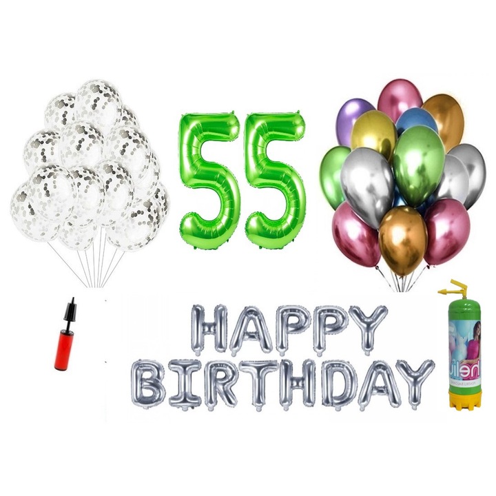 Комплект 37 балона DOMI PARTY & GIFTS, Happy Birthday 55 години юбилей, фолио цифри 1 м, зелен + бутилка с хелий