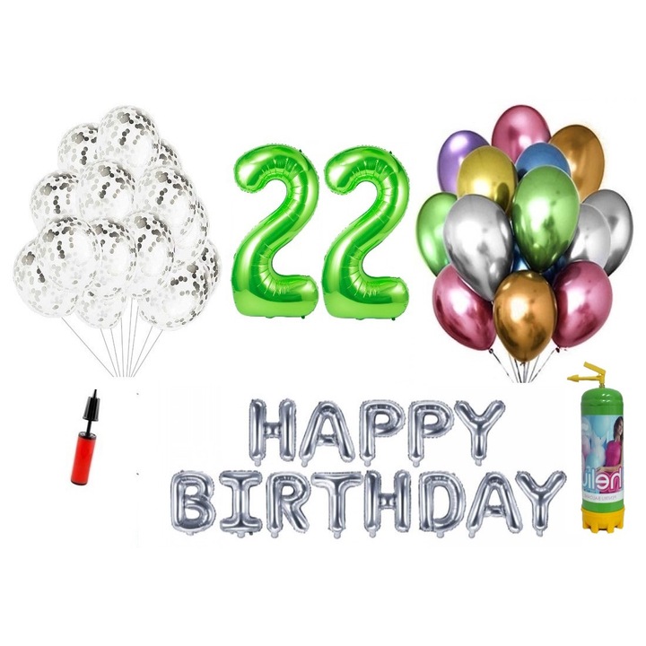 37 db DOMI PARTY & GIFTS lufi készlet, Boldog születésnapot 22 éves évfordulóra, fóliaszámok 1 m, zöld + Hélium palack
