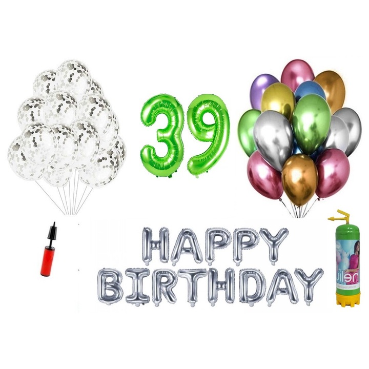 DOMI PARTY & GIFTS lufi szett, 37 elemes, Boldog születésnapot 39 éves évfordulóra, fóliafigurák 1,01 m, zöld + Hélium palack