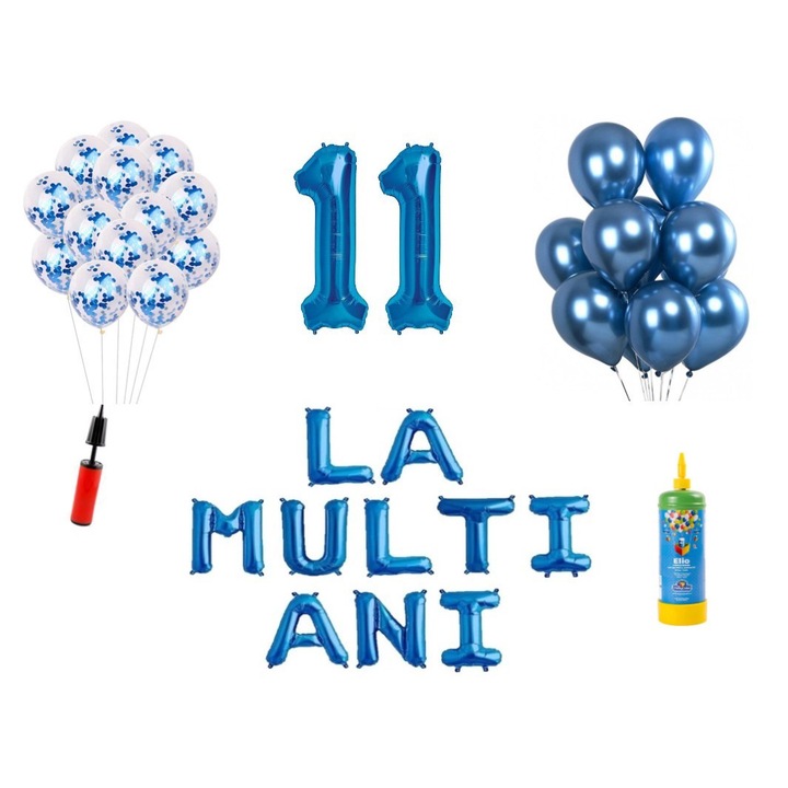 34 db DOMI PARTY & GIFTS lufi készlet, Boldog születésnapot 11 éves évfordulóra, fóliaszámok 100 cm, kék + hélium palack