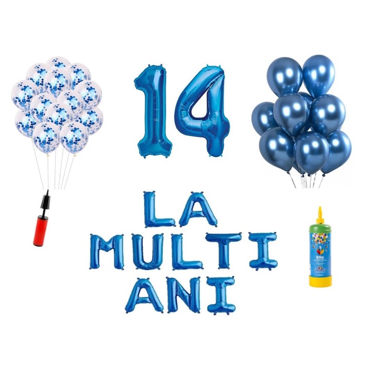 34 db DOMI PARTY & GIFTS lufi készlet, Boldog születésnapot 14 éves évfordulóra, fóliaszámok 100 cm, kék + hélium palack