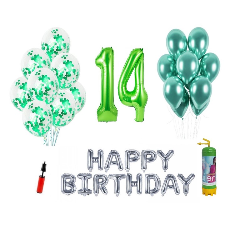 Комплект 37 балона DOMI PARTY & GIFTS, Happy Birthday 14 години юбилей, фолио цифри 100 см, зелен + бутилка с хелий
