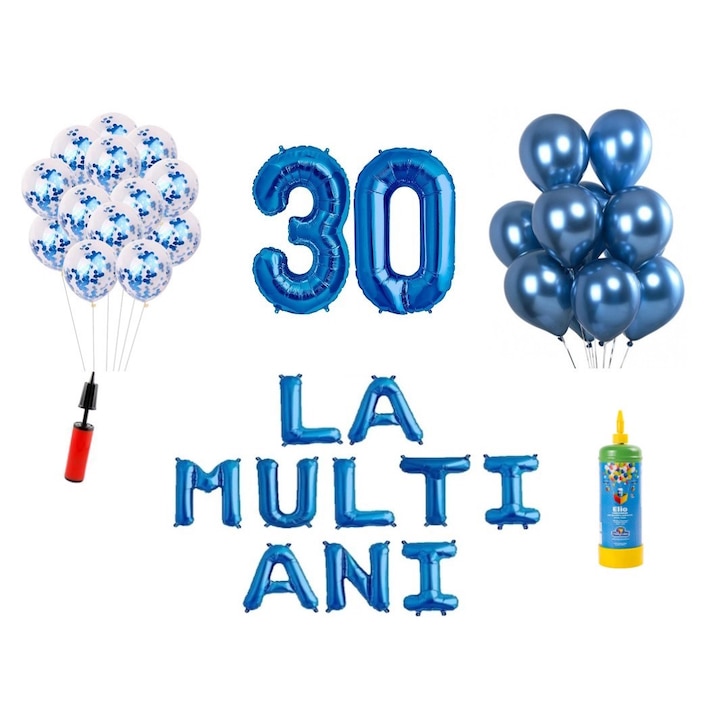 Set 34 baloane DOMI PARTY & GIFTS, La Multi Ani aniversare 30 ani, cifre folie 100 cm, albastru + Butelie de heliu