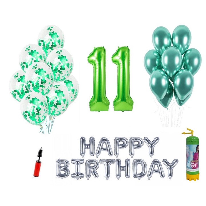 DOMI PARTY & GIFTS lufi készlet, 37 elemes, Boldog születésnapot 11 éves évfordulóra, fóliaszámok 101 cm, zöld + Hélium palack