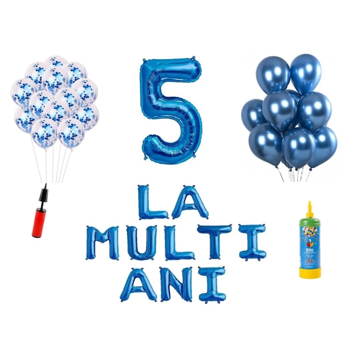 33 db-os DOMI PARTY & GIFTS lufi készlet, Boldog születésnapot 5 éves évfordulóra, fóliaszám 100 cm, kék + hélium palack