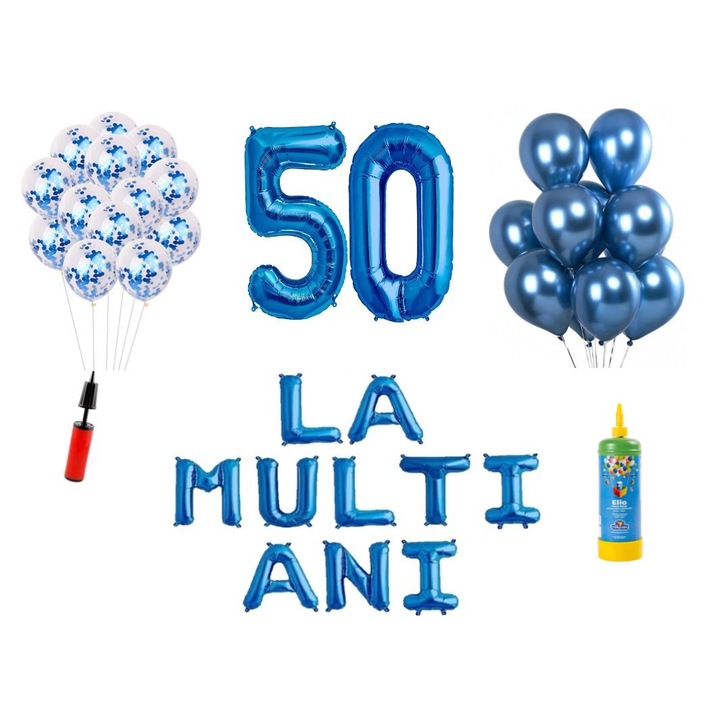 DOMI PARTY & GIFTS lufi készlet, Boldog születésnapot, 50. évfordulót, fóliaszámok 100 cm, kék + Hélium palack, 34 db