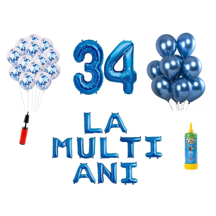 34 db lufi készlet DOMI PARTY & GIFTS, Boldog születésnapot 34 éves évfordulóra, fóliaszámok 100 cm, kék + hélium palack