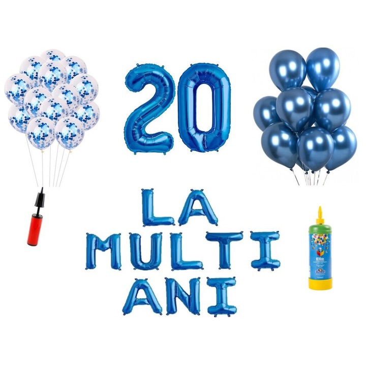 34 db DOMI PARTY & GIFTS lufi készlet, Boldog születésnapot, 20. évfordulót, fóliaszámok 100 cm, kék + Hélium palack