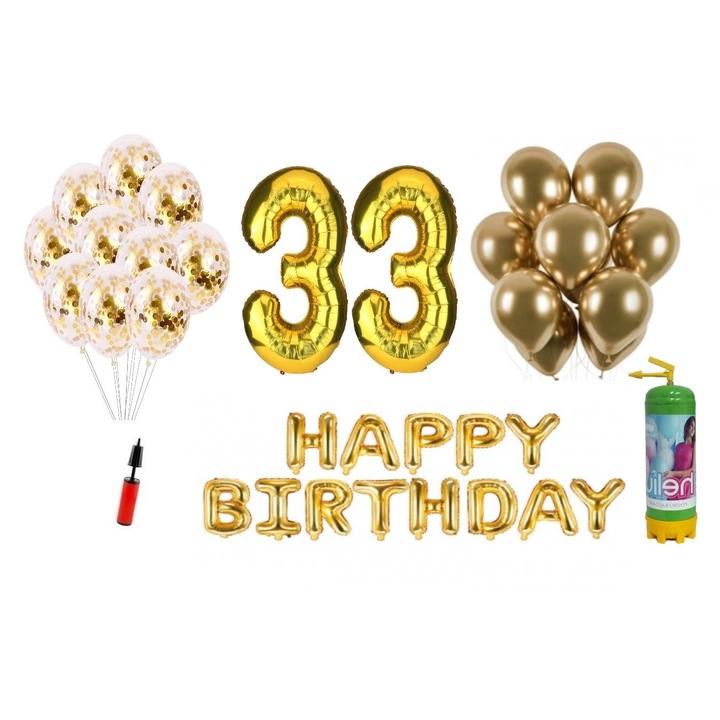 Комплект 37 балона DOMI PARTY & GIFTS, Happy Birthday 33 години юбилей, фолио цифри 100 см, злато + бутилка с хелий