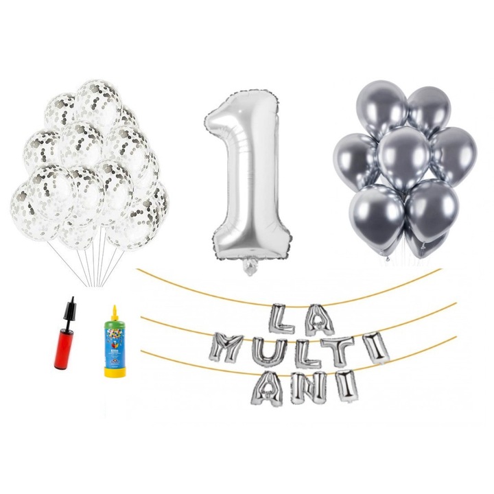 33 db DOMI PARTY & GIFTS lufi készlet, Boldog születésnapot 1 éves évfordulóra, fóliaszám 100 cm, ezüst + Hélium palack