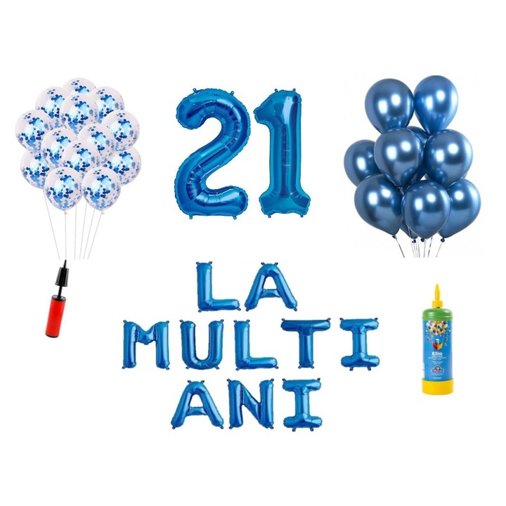 34 db-os DOMI PARTY & GIFTS lufi készlet, Boldog születésnapot, 21. születésnapot, fóliaszámok 100 cm, kék + hélium palack