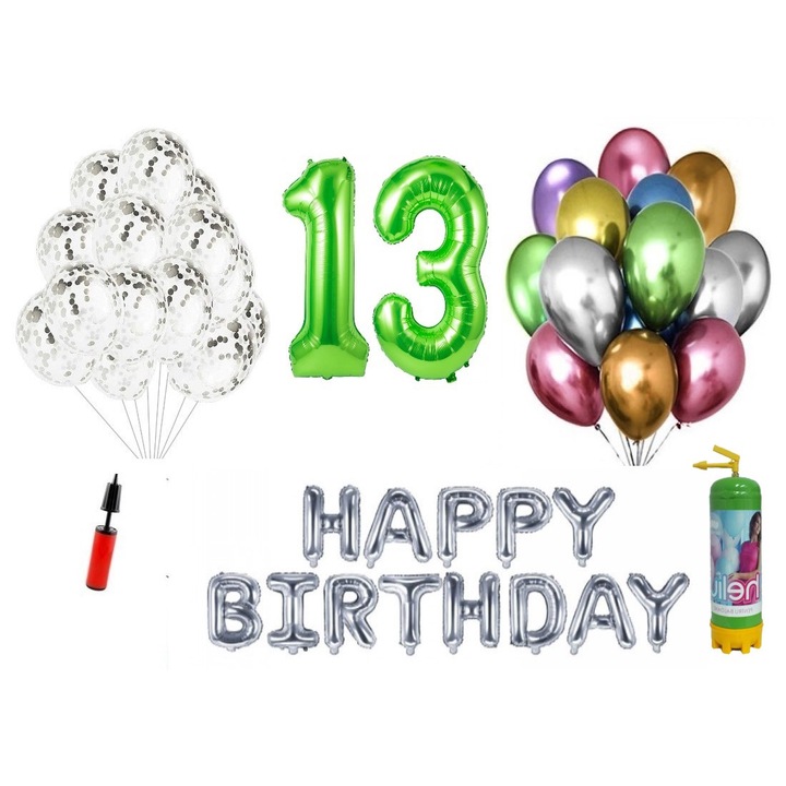 DOMI PARTY & GIFTS lufi szett, 37 elemes, Boldog születésnapot 13 éves évfordulóra, fóliafigurák 1,01 m, zöld + Hélium palack