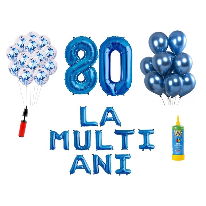 34 db DOMI PARTY & GIFTS lufi készlet, Boldog születésnapot 80 éves évfordulóra, 100 cm-es fóliafigurák, kék + hélium palack