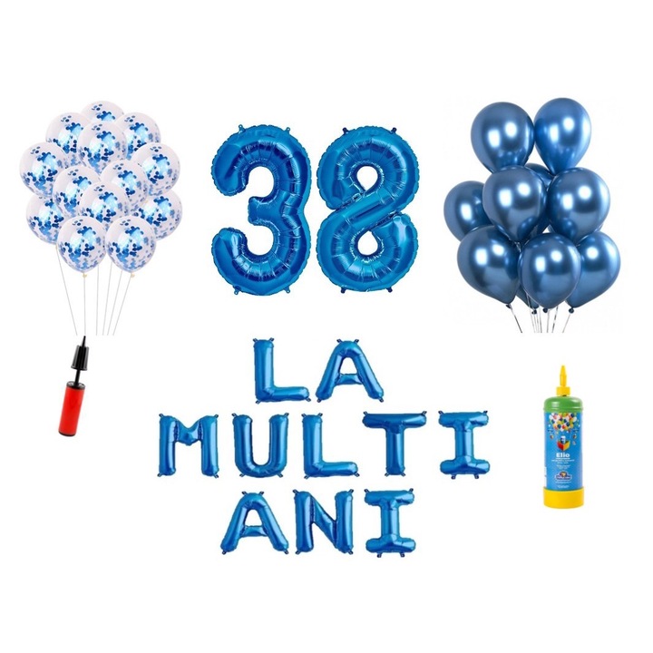 34 db DOMI PARTY & GIFTS lufi készlet, Boldog születésnapot 38 éves évfordulóra, 100 cm-es fóliaszámok, kék + hélium palack