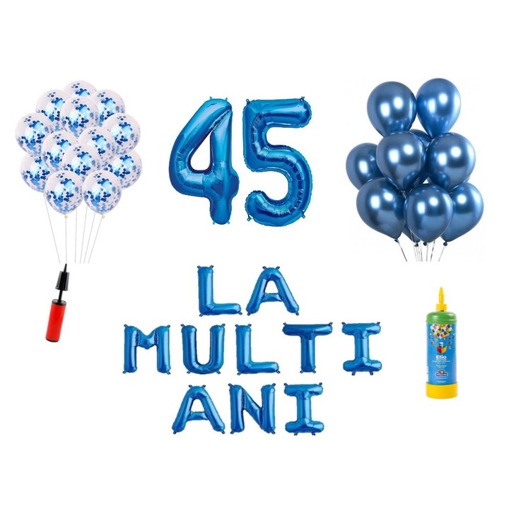 34 db DOMI PARTY & GIFTS lufi készlet, Boldog születésnapot 45 éves évfordulóra, fóliafigurák 100 cm, kék + hélium palack