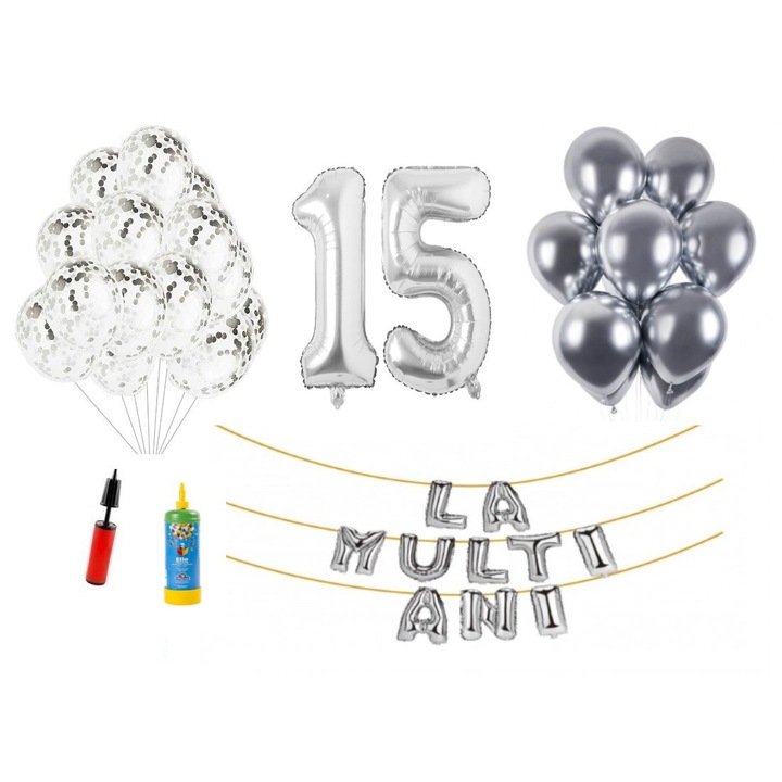 Комплект 34 балона DOMI PARTY & GIFTS, Happy Birthday 15 години юбилей, фолио цифри 100 см, сребро бутилка с хелий