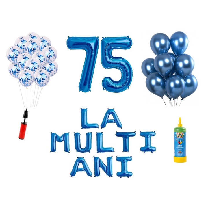 34 db DOMI PARTY & GIFTS lufi készlet, Boldog születésnapot 75 éves évfordulóra, fóliaszámok 100 cm, kék + hélium palack