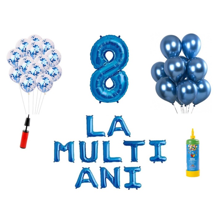 Domi Party & Gifts 33 db-os lufi készlet, Boldog születésnapot 8 éves évfordulóra, 100 cm-es fóliafigura, kék + Hélium palack