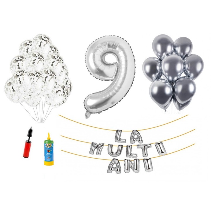 33 db-os DOMI PARTY & GIFTS lufi készlet, Boldog születésnapot 9 éves évfordulóra, fóliaszám 100 cm, ezüst + hélium palack