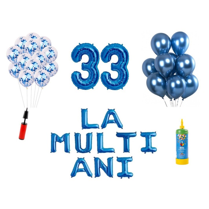 34 db DOMI PARTY & GIFTS lufi készlet, Boldog születésnapot 33 éves évfordulóra, fóliaszámok 100 cm, kék + hélium palack
