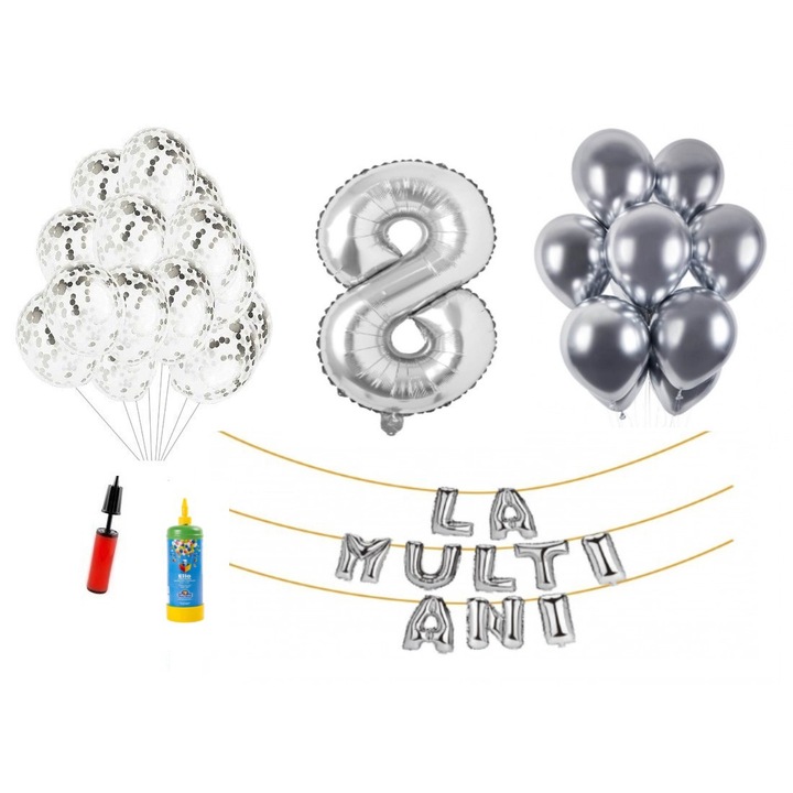 33 db DOMI PARTY & GIFTS lufi készlet, Boldog születésnapot 8 éves évfordulóra, fóliaszám 100 cm, ezüst + hélium palack