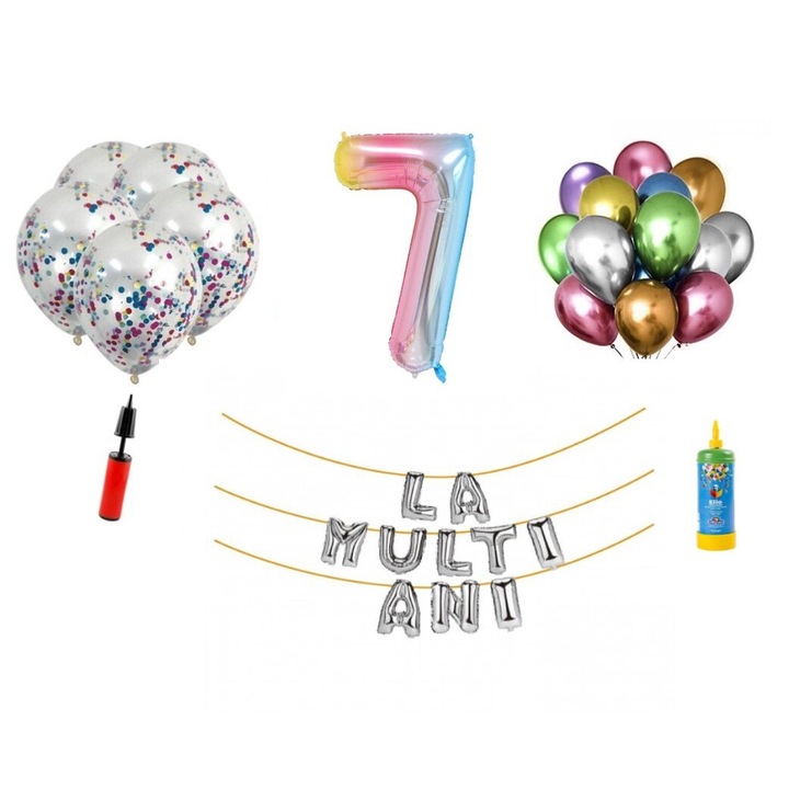 33 db-os DOMI PARTY & GIFTS lufi készlet, Boldog születésnapot 7 éves évfordulóra, 100 cm-es fóliafigura, szivárvány + hélium palack