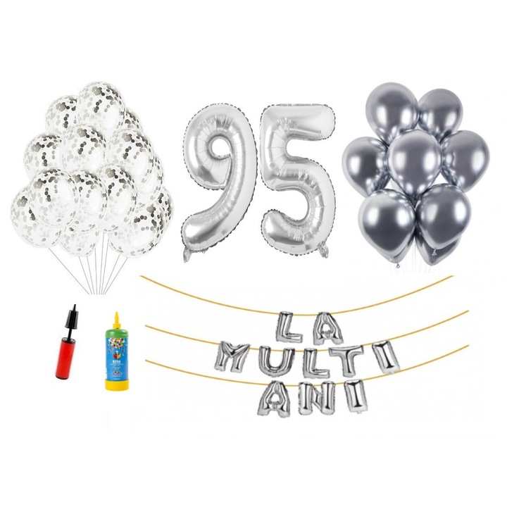 34 db DOMI PARTY & GIFTS lufi készlet, Boldog születésnapot 95 év, fóliaszámok 100 cm, ezüst + hélium palack