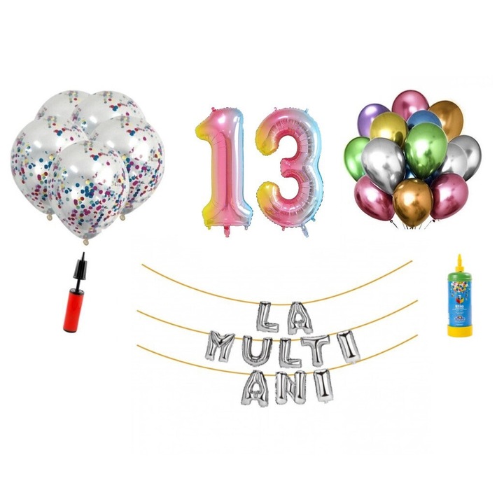 Комплект 34 балона DOMI PARTY & GIFTS, Happy Birthday 13 години юбилей, фолио цифри 100 см, дъга + бутилка с хелий