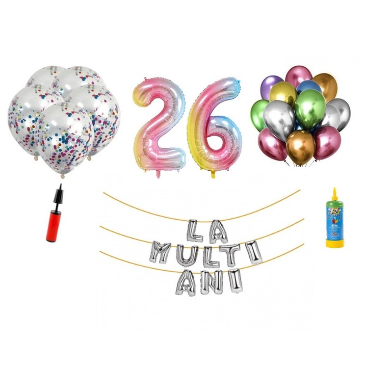 34 db DOMI PARTY & GIFTS lufi készlet, Boldog születésnapot 26 éves évfordulóra, fóliaszámok 100 cm, szivárvány + hélium palack