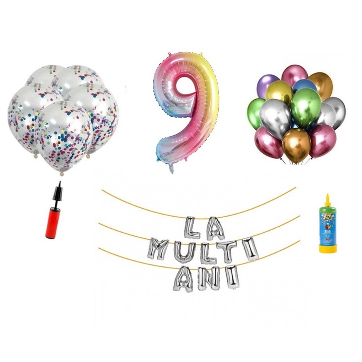 33 db-os DOMI PARTY & GIFTS lufi készlet, Boldog születésnapot 9 éves évfordulóra, 100 cm-es fóliafigura, szivárvány + hélium palack