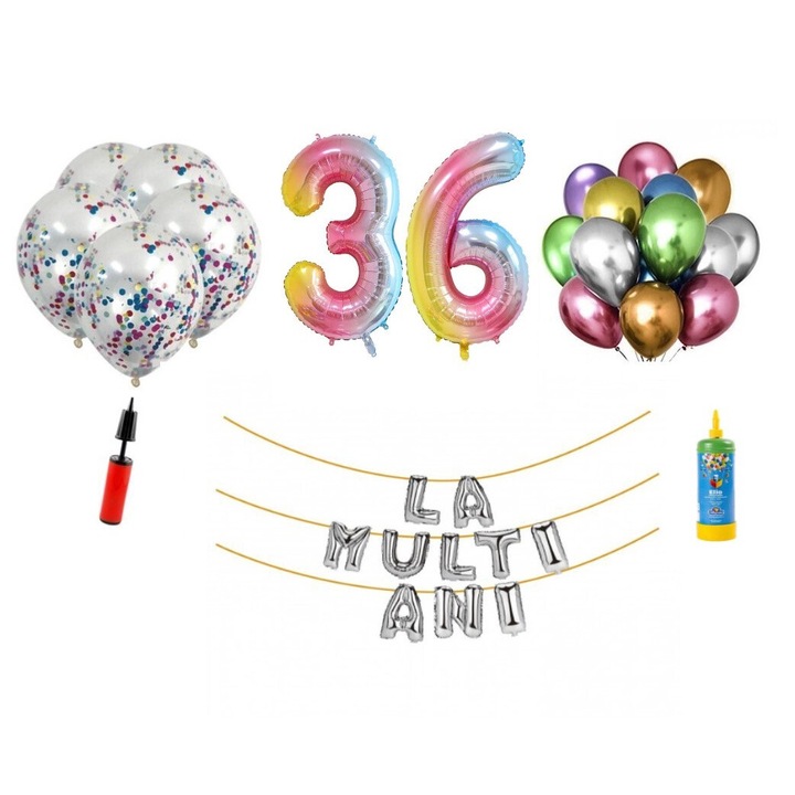 Комплект балони DOMI PARTY & GIFTS, 34 елемента, Happy Birthday 36 години, фолио цифри 101 см, дъга + бутилка с хелий