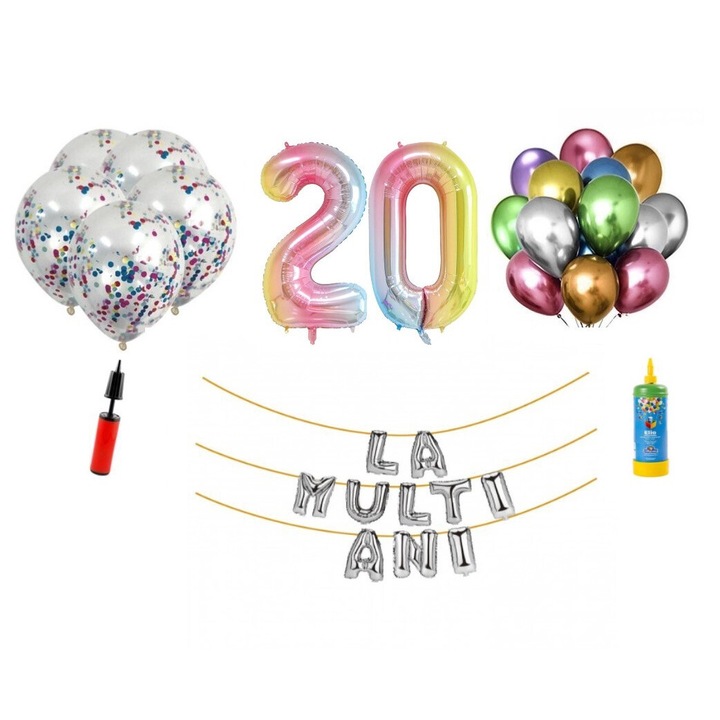 Комплект 34 балона DOMI PARTY & GIFTS, Happy Birthday 20 години юбилей, фолио цифри 100 см, дъга + бутилка с хелий