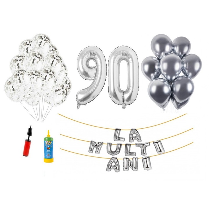 34 db DOMI PARTY & GIFTS lufi készlet, Boldog születésnapot 90 éves évfordulóra, fóliaszámok 100 cm, ezüst + hélium palack