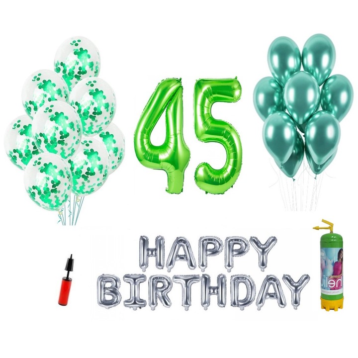 DOMI PARTY & GIFTS lufi készlet, 37 elemes, Boldog születésnapot 45 éves évfordulóra, fóliaszámok 101 cm, zöld + Hélium palack