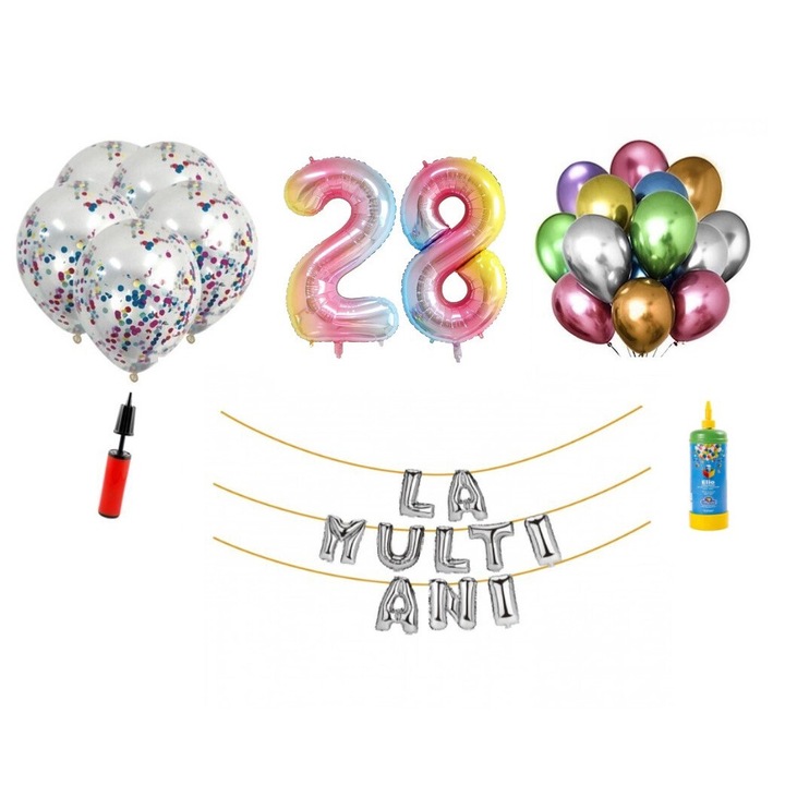Комплект 34 балона DOMI PARTY & GIFTS, Happy Birthday 28 години юбилей, цифри от фолио 100 см, дъга + бутилка с хелий