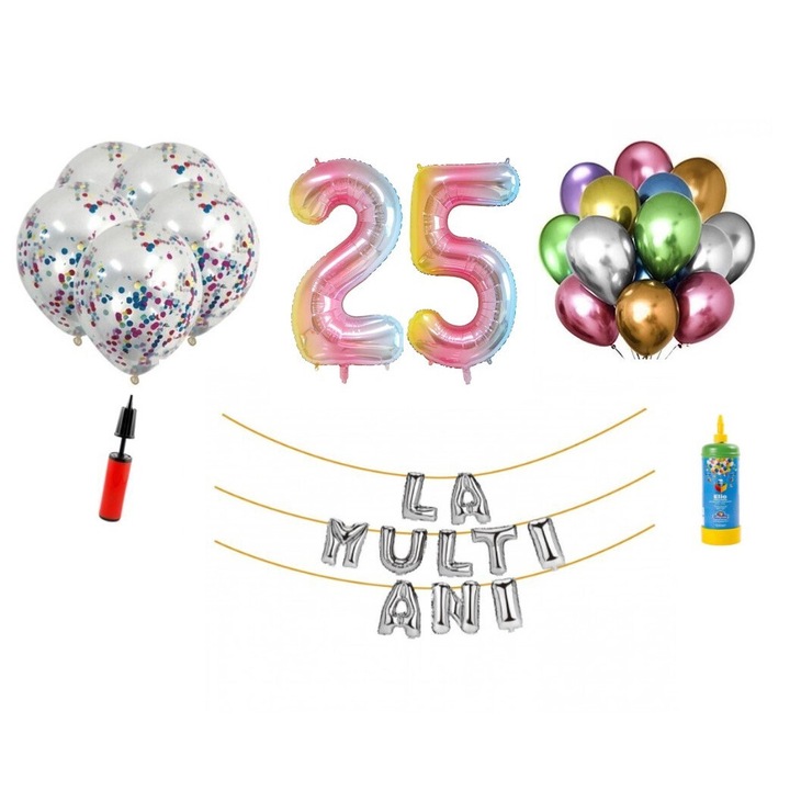 DOMI PARTY & GIFTS lufi szett, 34 elemes, Boldog születésnapot, 25. évfordulót, fóliaszámok 101 cm, szivárvány + Hélium palack