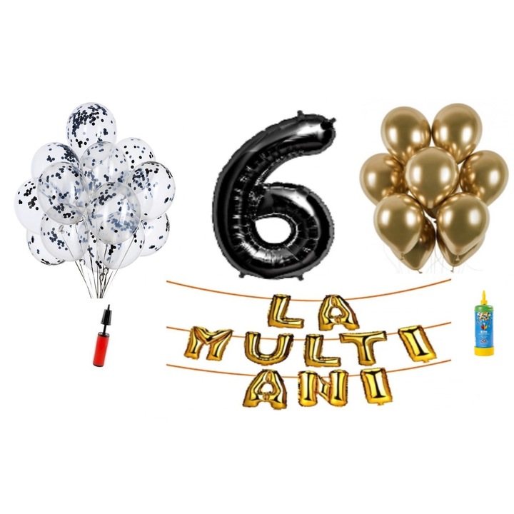 33 db DOMI PARTY & GIFTS lufi készlet, Boldog születésnapot 6 éves évfordulóra, fóliaszám 100 cm, fekete + Hélium palack