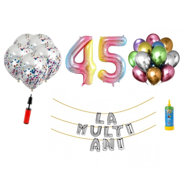 Комплект 34 балона DOMI PARTY & GIFTS, Happy Birthday 45 години юбилей, фолио цифри 100 см, дъга + бутилка с хелий