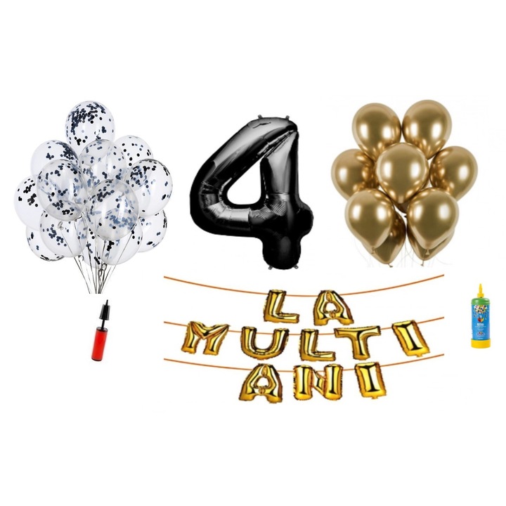 33 db DOMI PARTY & GIFTS lufi készlet, Boldog születésnapot 4 éves évfordulóra, fóliaszám 100 cm, fekete + Hélium palack