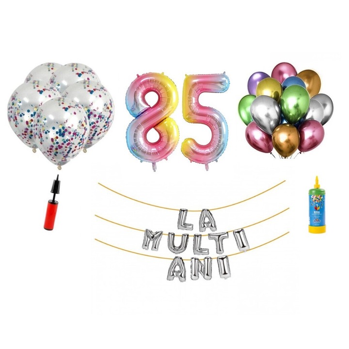 DOMI PARTY & GIFTS lufi szett, 34 elemes, Boldog születésnapot 85 év, fóliaszámok 101 cm, szivárvány + hélium palack