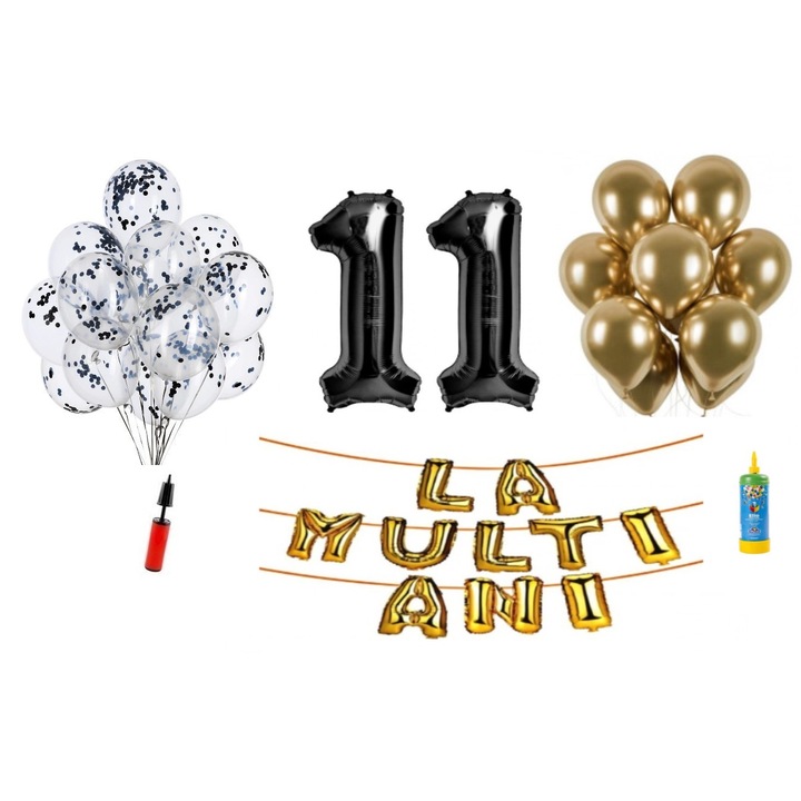 34 db DOMI PARTY & GIFTS lufi készlet, Boldog születésnapot 11 éves évfordulóra, fóliaszámok 100 cm, fekete + hélium palack