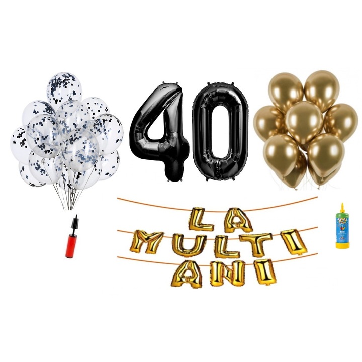 DOMI PARTY & GIFTS lufi szett, 34 elemes, Boldog születésnapot 40. évfordulóra, fóliaszámok 101 cm, fekete + Hélium palack