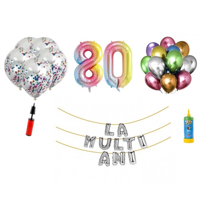 Комплект 34 балона DOMI PARTY & GIFTS, Честит рожден ден, 80 годишнина, фолио цифри 100 см, дъга + бутилка с хелий