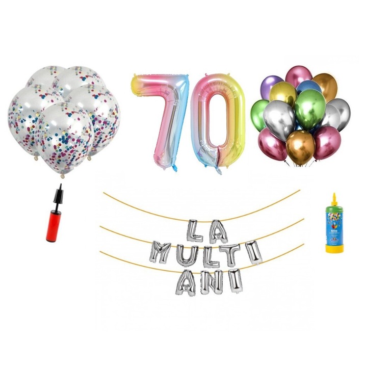 34 db DOMI PARTY & GIFTS lufi készlet, Boldog születésnapot, 70. évfordulót, fóliaszámok 100 cm, szivárvány + hélium palack