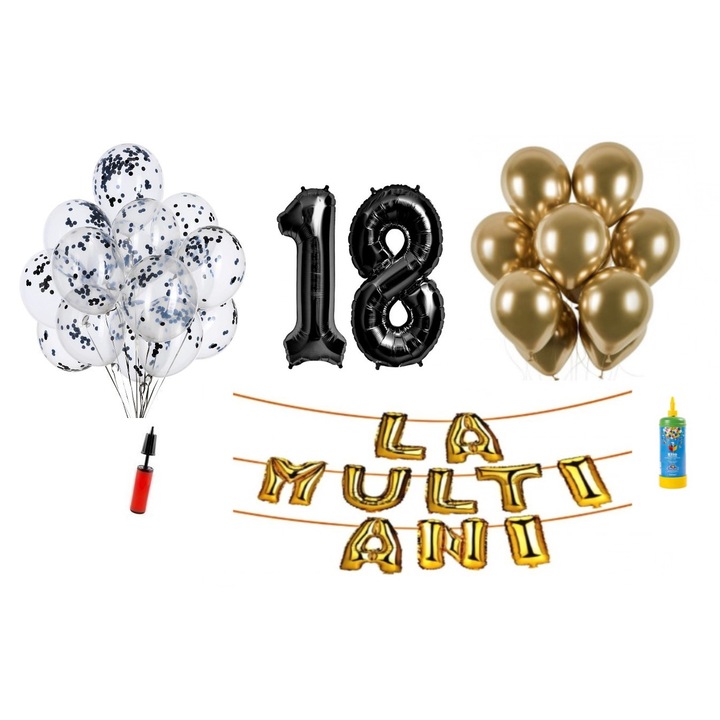 DOMI PARTY & GIFTS lufi szett, 34 elemes, Boldog születésnapot 18 év, fóliaszámok 101 cm, fekete + Hélium palack