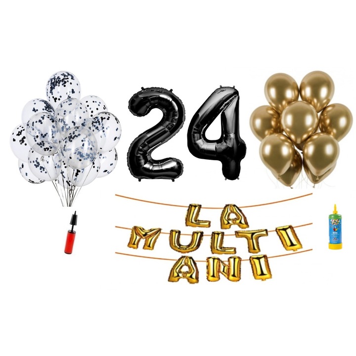 34 db DOMI PARTY & GIFTS lufi készlet, Boldog születésnapot, 24. évfordulót, fóliaszámok 100 cm, fekete + Hélium palack