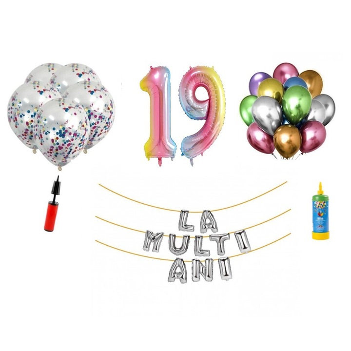 34 db DOMI PARTY & GIFTS lufi készlet, Boldog születésnapot, 19. születésnapot, fóliaszámok 100 cm, szivárvány + hélium palack
